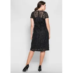 Spitzenkleid SHEEGO "Spitzenkleid", Damen, Gr. 58, Normalgrößen, schwarz, 100% Polyamid, unifarben, knielang, Rundhals, Kurzarm, Kleider