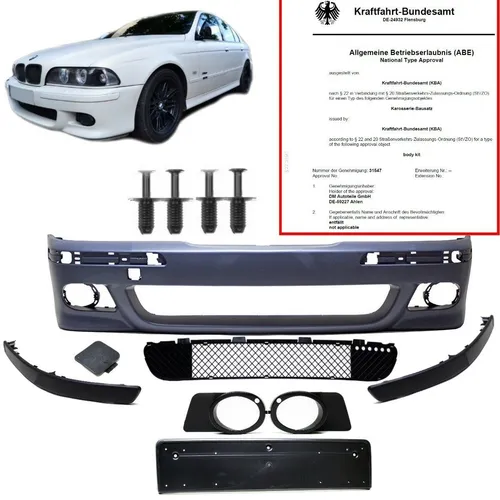 LIMOUSINE TOURING Stoßstange Komplett für BMW E39 M5 M-Paket 95-04 - Hochwertige Frontstoßstange für BMW E39 Limousine & Touring (95-03), ideal für eine individuelle Optik. Passend für Modelle ohne M-Paket und Parkhilfe. Perfekte Passgenauigkeit und einfache Montage.