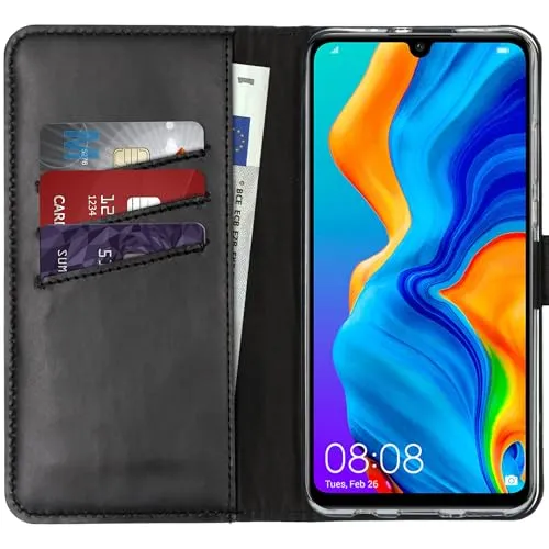 Selencia Klapphülle aus Echtleder für Huawei P30 Lite – Schwarz - Elegante Klapphülle aus hochwertigem Echtleder für Ihr Huawei P30 Lite. Mit Platz für drei Karten und Geldscheine sowie einem starken Magnetverschluss bietet sie optimalen Schutz und Funktionalität im Alltag.