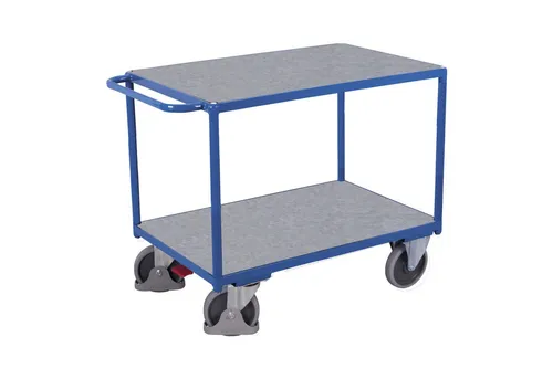 Variofit Schwerer Tischwagen mit 2 Zinkblechladeflächen - Transportroller mit 2 robusten Zinkblechladeflächen, ideal für hohe Traglasten bis 500 kg. Pulverbeschichtet in RAL 5010 und schlagfest - perfekt für den professionellen Einsatz.