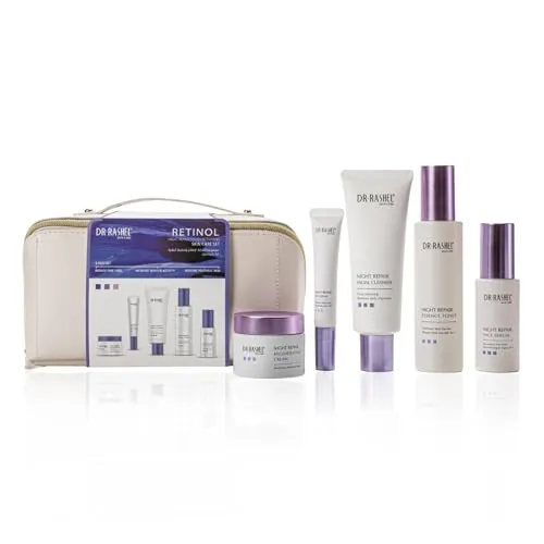Gesichtspflege Set mit Retinol 5-teilig - Night Repair Routine für strahlende Haut - 5-teiliges Set zur Unterstützung der Hautpflege mit hochwirksamen Inhaltsstoffen. Enthält Serum, Augencreme, Gesichtscreme, Reinigung & Toner für eine umfassende Pflege und ein frisches Hautbild. Ideal für die tägliche Anwendung.