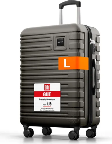 Travely Handgepäck-Trolley - 67cm Hartschalenkoffer mit TSA-Schloss - Koffer aus robustem Polycarbonat, ideal für sicheres Reisen. Mit 4 leichtlaufenden 360° Rollen und modernem Design in Mondsteingrau.
