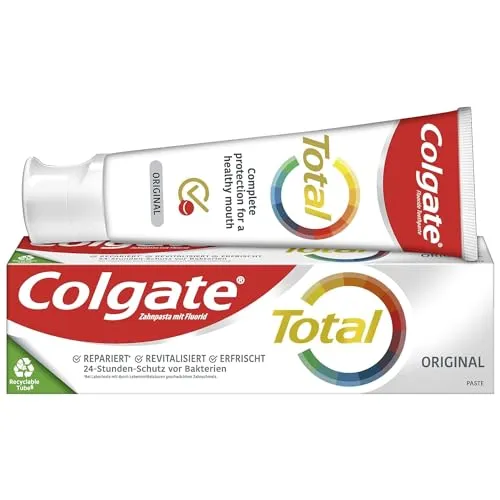 Colgate Zahnpasta Total Original 75ml – 12 Stunden proaktiver Zahnschutz - Zahnpasta für gesunde Zähne und frischen Atem – bietet 12 Stunden Schutz vor Plaque, Karies und Mundgeruch, ideal für die tägliche Mundpflege.