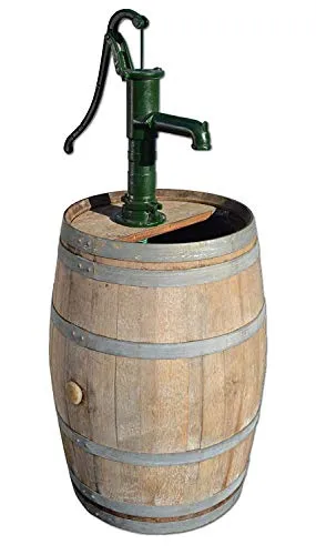 Regentonne, Regenfass, Holzfass mit Kleiner Handpumpe, Handschwengelpumpe - 225 Liter - H 130cm (Mit Schlauch und Ventil)