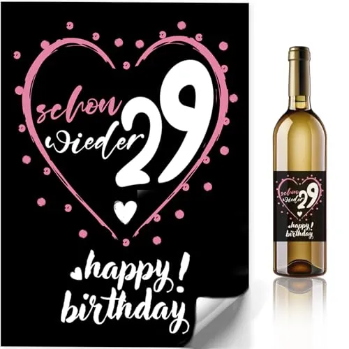 Schon wieder 29 Flaschenetiketten Geburtstag 2 Stück – Witzige selbstklebende Aufkleber für Wein Sekt Bier – originelle Geschenkidee Frau – lustige Deko – Herz Design – ideale Geburtstagsüberraschung