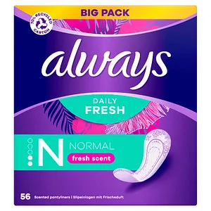 always Slipeinlagen Daily Fresh Normal mit Duft, 56 St. - Slipeinlagen mit frischem Duft und saugfähigem Kern. Sie bieten zuverlässigen Halt und ein atmungsaktives Design für angenehmen Tragekomfort. Ideal für den täglichen Einsatz.