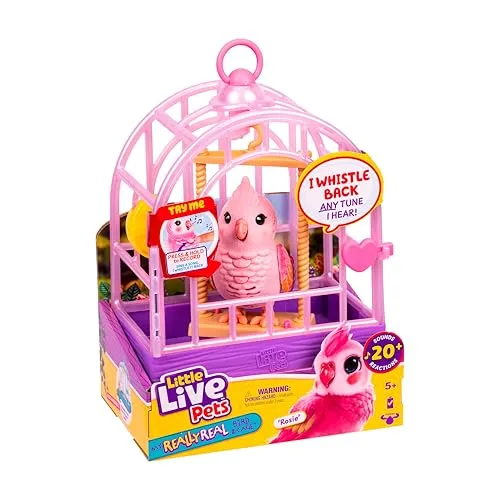 Little Live Pets My Really Real Bird & Cage – Rosie - Interaktives Baby- & Kleinkindspielzeug mit über 20 Geräuschen und Reaktionen, realistische Vogelgeräusche und Aufnahmefunktion für personalisierte Interaktionen.