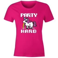 MoonWorks® Damen T-Shirt Party Hard kotzendes Einhorn Fun-Shirt Saufsprüche Spruch lustig pink M