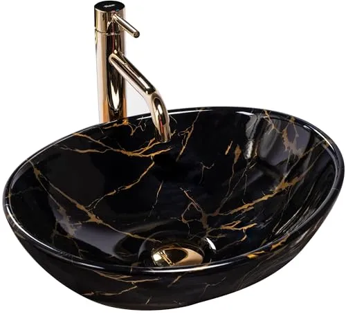 Rea Aufsatzwaschbecken Sofia Black Marble - Hochwertiges Handwaschbecken aus schwarzer Keramik, ideal für moderne Badezimmer mit elegantem Design und kompakten Maßen.