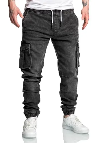 Amaci&Sons Herren Sweathose Stretch Denim Cargo Jogging Jeans 7024 Schwarz W30 - Modische Herren Sweathose aus Stretch Denim, ideal für Freizeit und Sport. Bequemer Schnitt und praktische Cargo-Taschen für zusätzlichen Stauraum.