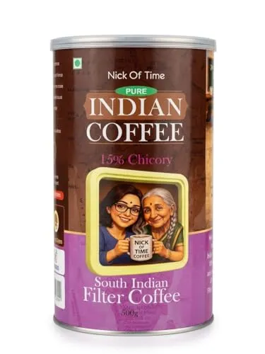 Nick Of Time South Indian Chicory Filter Coffee (85:15 Coffee Chicory Ratio) 100% Arabica AA Grade Dark Roast | Balanced Flavor & Aroma (500g|17.63 oz)