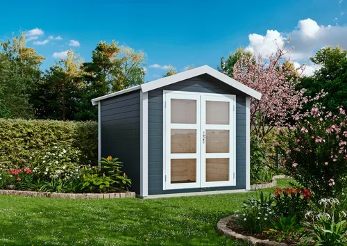 Gartenhaus KONIFERA "Spica" - Modernes Design in Grau - Gartenhäuser: Robustes Holzhaus mit Doppelflügeltür, ideal für Gartenprojekte und Lagerung. Selbstmontage mit einfacher Anleitung.