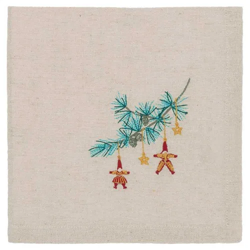 Greengate Stoffserviette JUANA Sand mit Tannenzweig Gestickt 40x40 Serviette
