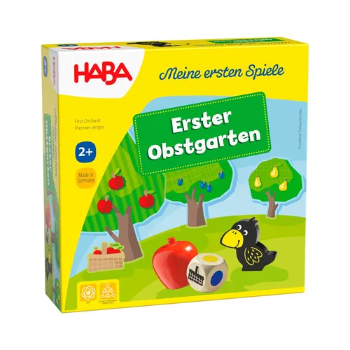 Haba Spiel Meine ersten Spiele - Erster Obstgarten, Made in Germany - Gesellschaftsspiel für Kinder ab 2 Jahren, fördert Regelverständnis und Farberkennung. Ernte das Obst, bevor der freche Rabe kommt!