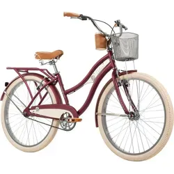Huffy Deluxe 26" Cruiser Bike - Matt Dark Berry - Citybike mit kastanienbraunem Stahlrahmen, ideal für entspannte Fahrten. Ausgestattet mit Lenkerkorb, Getränkehalter und Gepäckträger für jedes Abenteuer!