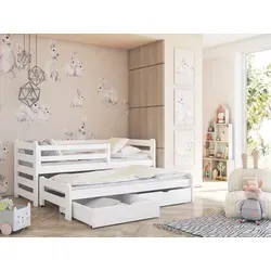 Kids Collective Einzelbett 90x200 cm mit Rausziehbett und Schubladen - Kleinkindbett aus massivem Kiefernholz mit praktischem Rausziehbett für Übernachtungsgäste und zwei Schubladen für optimalen Stauraum. Sicherer Rausfallschutz für ruhige Nächte.