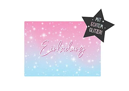 Friendly Fox Glitzer Sterne Einladung, 12 Glitzer Einladungskarten zum Kindergeburtstag Mädchen, Regenbogen Party, Einladung Mädchen Geburtstag
