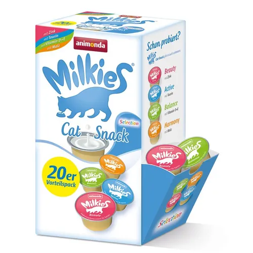 animonda Milkies Selection - 15g Katzenfutter nass (20 Cups), glutenarm und ideal als Snack oder Futtertopping, 4 abwechslungsreiche Sorten für gesunde Ernährung