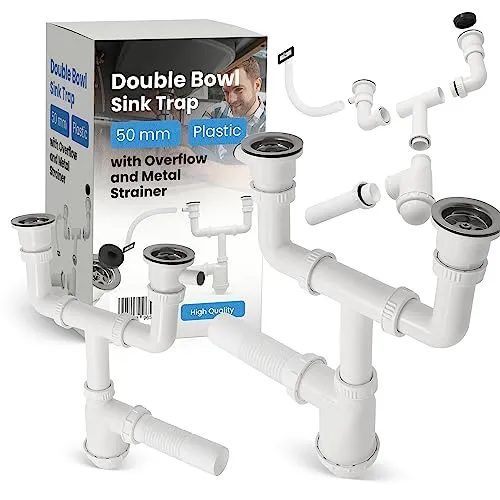 Flaschen-Geruchsverschluss Zweikammerablauf 50mm mit Überlauf Abfluss Metallsieb Doppelsiphon für Doppelwaschbecken Überlauf Abfluss Metallsieb Doppel-Spülbecken