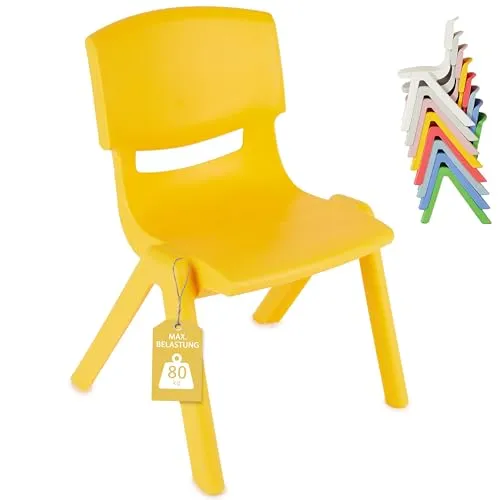 BIECO Kinderstuhl - Stapelbar, kippsicher & bis 80 kg belastbar - Hochwertiger Kinderstuhl aus wetterfestem Kunststoff in trendigem Gelb, komfortabel und sicher für drinnen und draußen. Perfekt für Kleinkinder, leicht zu reinigen und platzsparend stapelbar.