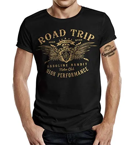 GASOLINE BANDIT Herren T-Shirt Road Trip für Biker - Stylisches Herren T-Shirt für Motorradfahrer mit modernem Schnitt und brillanten Druck. Angenehmer Tragekomfort und geprüfte Qualität, ideal als Geschenk für Biker.