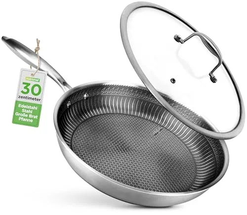 NutriChef Edelstahlpfanne 31 cm mit Deckel – Antihaft Bratpfanne Induktion Kratzfest spülmaschinengeeignet ofenfest und für Metallutensilien geeignet, Gemischt
