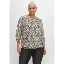 Tunika SHEEGO "Große Größen", Damen, Gr. 54, beige (ecru bedruckt), Obermaterial: 100% Viskose (LENZING ECOVERO), gemustert, feminin, figurumspielend normal, Rundhals, 3/4-Ärmel, Tuniken, im Leo-Print, mit Saum-Gummizug