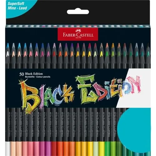 Faber-Castell Buntstifte Black Edition, 50 Stück - Schreibutensilien mit 50 leuchtenden Buntstiften aus schwarzem Holz. Bruchgeschützte Mine und stylisches Design, ideal für kreative Projekte auf dunklem Papier.