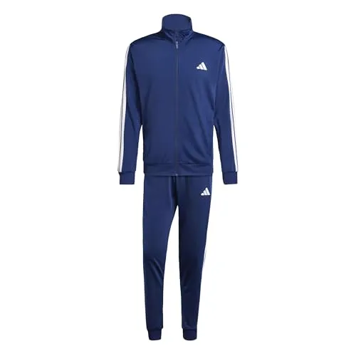 adidas Herren SPORTSWEAR BASIC 3 STRIPES TRICOT TRACKSUIT, Dunkelblau, XL - Trainingsanzug aus 100 % recyceltem Polyester, regulär geschnitten mit durchgehendem Reißverschluss und praktischen Taschen für optimalen Komfort.