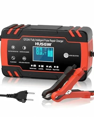 8A Ladegerät Autobatterie 12V/24V - Vollautomatisches Intelligentes Erhaltungsladegerät - Batterieladegeräte & Anlasser - Mit LCD-Bildschirm und Smart-Funktionen für effizientes Laden und verlängerte Batterielebensdauer. Ideal für Auto, Motorrad und Lkw.