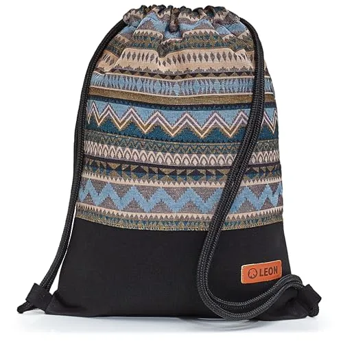By Bers Leon großer Premium Turnbeutel mit Innentaschen Rucksack Tasche Damen Herren Teenager Gym Bag Draw String 45x34cm für Sport Reise Alltag Einkauf (TB_Boho_Schwarz_009)