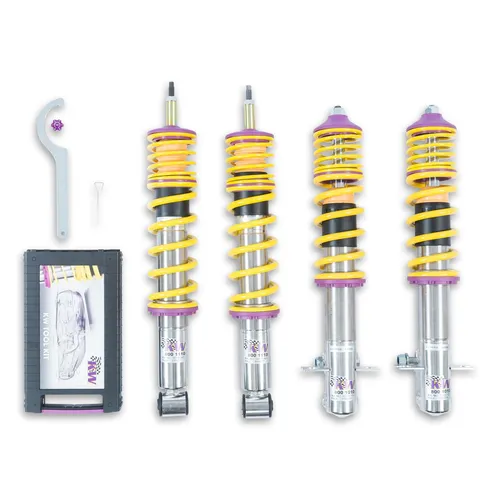 KW Gewindefahrwerk V1 inox für VW JETTA I | 10280001 - Hochwertiges Gewindefahrwerk für VW JETTA I, sorgt für präzises Fahrverhalten und individuelle Tieferlegung von 45-75 mm. Robuste Edelstahlkonstruktion für Langlebigkeit im Einsatz.
