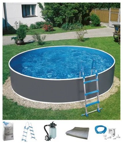My Pool Bwt Rundpool HYPE 4 - 6-teiliges Set in verschiedenen Größen - Rundes Aufstellbecken aus Stahl mit einer leistungsstarken Sandfilteranlage (3600 l/h) und Sicherheitsleiter. Ideal für entspannte Sommertage im eigenen Garten.