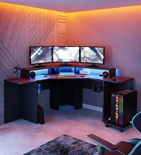 Gaming-Ecktisch Zocker 5, schwarz - Computermöbel mit praktischem Stauraum und zusätzlicher Ebene für Bildschirme, ideal für Gamer, die Wert auf Ordnung und Design legen.