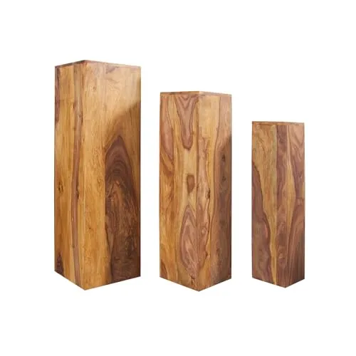 invicta INTERIOR Design Beistelltisch Säule MAKASSAR 3er Set - Beistelltische fürs Wohnzimmer im 3er Set aus Sheesham Massivholz mit Stone Finish, vereinen rustikalen Charme und puristisches Design für ein stilvolles Ambiente.