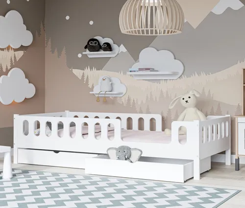 CADANI LARS Kinderbett 200x90 cm Weiß mit Schubladen - Kleinkindbett mit abnehmbarem Rausfallschutz und zwei praktischen Schubladen für zusätzlichen Stauraum. Zeitloses Design, das mit Ihrem Kind mitwächst und in jedes Zimmer passt.