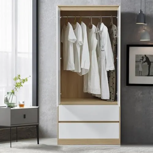 Kleiderschrank Bastheim 2-türig 176 x 80 x 52 cm - Kleiderschrank in Eiche-Optik/Weiß mit 2 Türen, 1 Kleiderstange und 2 Schubladen für optimalen Stauraum und knitterfreie Aufbewahrung. Ideal für jedes Zuhause!