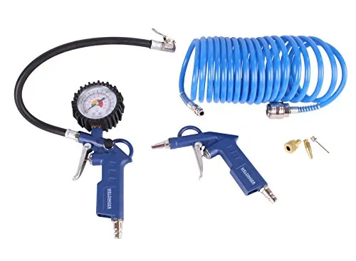 WELDINGER Kompressorzubehörset 6-teilig - Praktisches 6-teiliges Zubehörset für Druckluft mit Reifenfüller, 5 m Spiralschlauch und vielseitigen Adaptern. Ideal für zahlreiche Anwendungen und ausgestattet mit genormten Schnellkupplungen für einfache Handhabung.