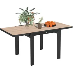 Ausziehbarer Gartentisch aus Aluminium 80/160x80 cm - Wetterfester Balkontisch aus Aluminium mit natürlichem Holzlook, ideal für Garten und Terrasse, höhenverstellbar und platzsparend.