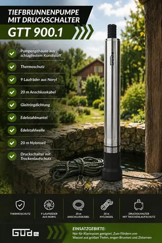 Güde Tiefbrunnenpumpe GTT 900.1 - 900 W, 4500 l/h, 60 m Förderhöhe - Wasserpumpen: Robuste Edelstahlkonstruktion mit 9 Laufrädern für hohe Förderleistung und Sicherheitsfunktionen, ideal für tiefere Brunnen.