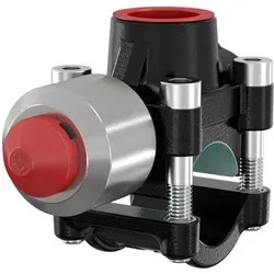 Flamco T-plus Temperguss DN25 3/4 Rohrschelle - Innovative Rohrverbindung für Stahlrohre, ermöglicht einfache Absteppungen ohne Entleerung. Korrosionsbeständig und CE-zertifiziert, ideal für effiziente Installationen.
