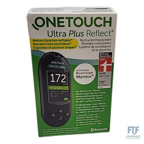 OneTouch Ultra Plus Reflect® Blutzuckermessgerät - Präzise Blutzuckermessung für unterwegs - Blutzuckermessgeräte-Set mit 1 Messgerät, 10 Teststreifen, 10 Lanzetten und mehr. Schnelle Ergebnisse in 5 Sekunden und einfache Handhabung - ideal für Ihr Diabetesmanagement.
