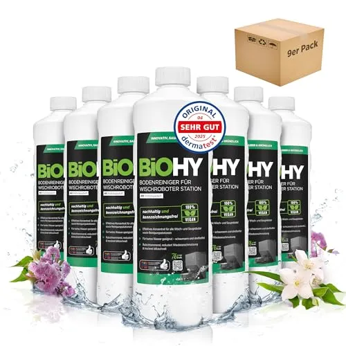 BiOHY Bodenreiniger für Wischroboter Station mit Frühlingsduft (9 x 1 Liter) | Reinigungsmittel Konzentrat für alle Wisch & Saugroboter mit Nass-Funktion | Schaumarm & Streifenfrei | Für alle Böden