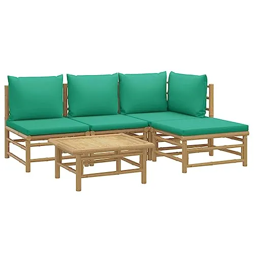 vidaXL Garten Lounge Set 5-TLG. mit Grünen Kissen - Modulares Gartenmöbel Set aus robustem Bambus, ideal für entspannte Stunden im Freien mit hohem Sitzkomfort und flexiblem Aufbau.