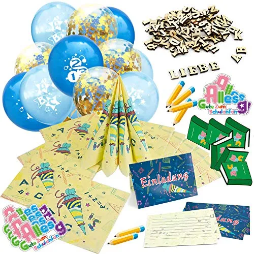 Oblique Unique® Schuleinführung Schulanfang Einschulung Deko Set für Jungs und Mädchen - Konfetti Luftballon Set + Einladungskarten + Servietten + Holz Buchstaben + Konfetti Set