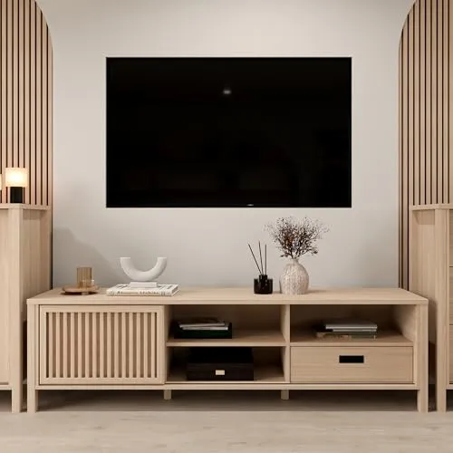 Forte JYTANA TV-Schrank 170 180, skandinavisches Low-Board mit Stauraumfach und Schublade, Riva Eiche Holzdekor, 174,8 cm breit x 49,9 cm hoch x 40,2 cm tief