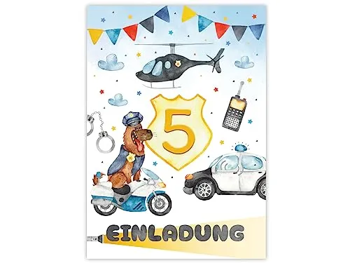 Minkocards 12 Einladungskarten zum 5. Kindergeburtstag Junge Polizei Detektiv Einladungen zum fünften Geburtstag Kinder bunte Geburtstagseinladungen
