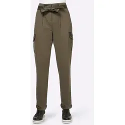 Cargohose HEINE, Damen, Gr. 40, Normalgrößen, grün (khaki), 97% Baumwolle, 3% Elasthan, Lederimitat:100% Polyurethan, unifarben, lang, Hosen