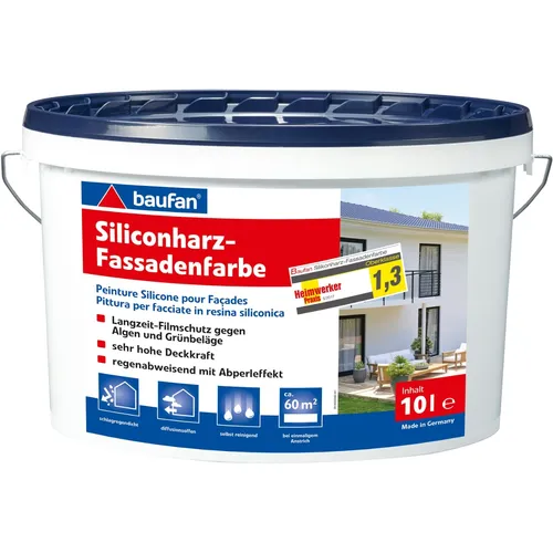 Baufan Fassadenfarbe Premium 10L weiß - Innen- & Außenfarben: Scheuerbeständige Siliconharz-Fassadenfarbe mit hervorragendem Abperleffekt und UV-Beständigkeit, ideal für langlebigen Schutz und einfache Anwendung.