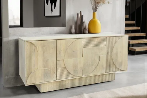 Riess-Ambiente Sideboard ART DECO 170 cm – Handgefertigtes Mangoholz in Weiß - Elegantes Sideboard aus massivem Mangoholz mit kunstvollem 3D-Design, ideal für stilvolles Wohnen und großzügigen Stauraum.